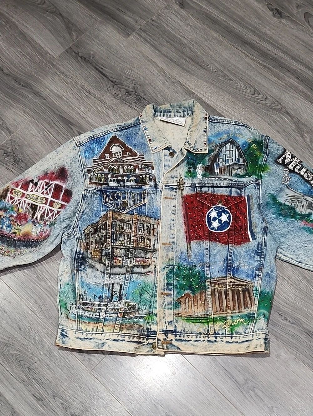 Hand-Painted Tony Alamo Denim Jacket Tennessee Flag Nashville Landmarks